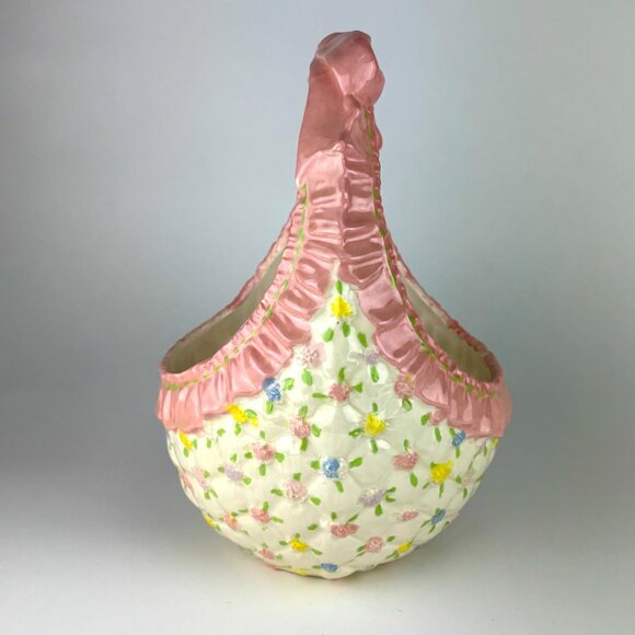 Ceramic Easter Basket with Pink Handle and Floral Design Vintage 1986 - Picture 2 of 9